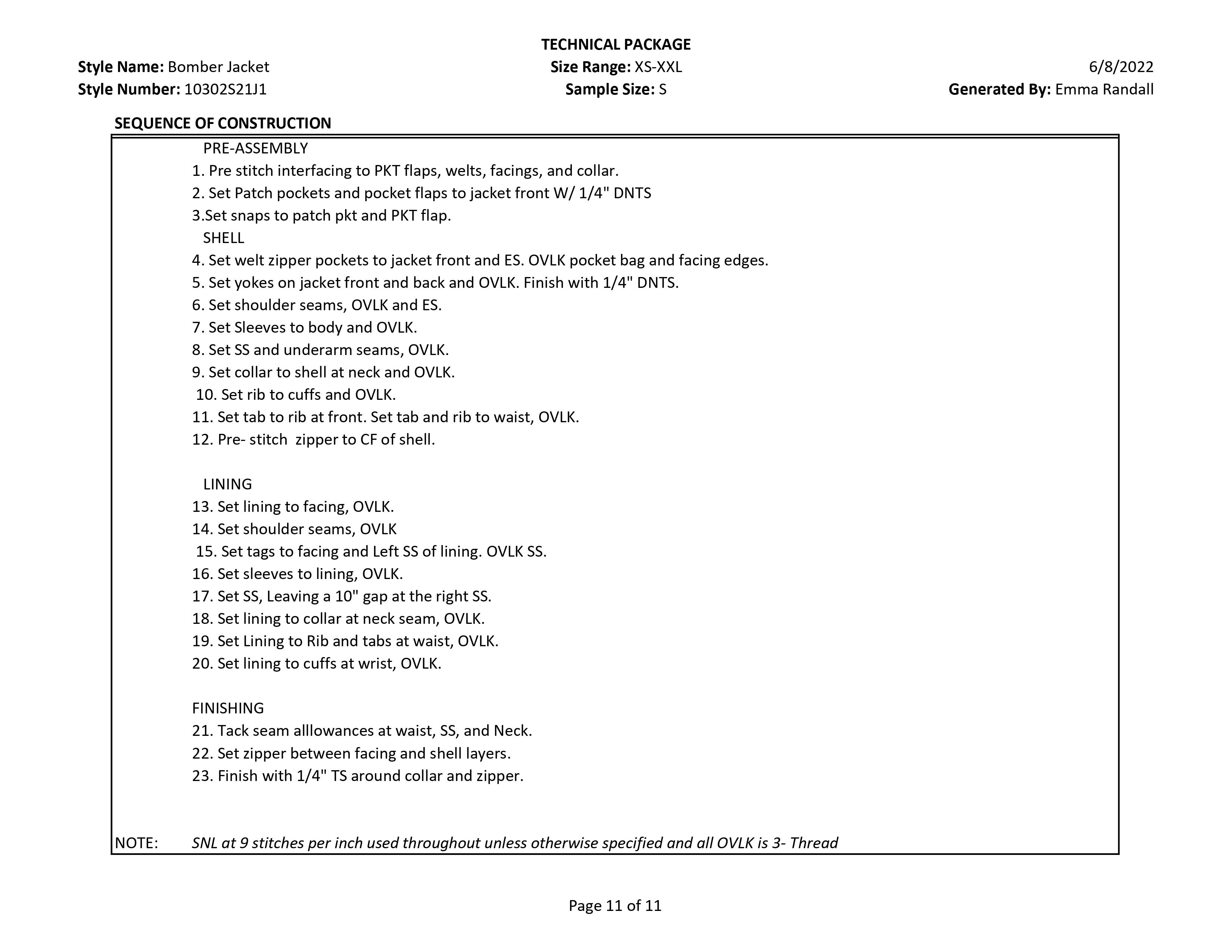 Bomber Jacket tech pack page 11