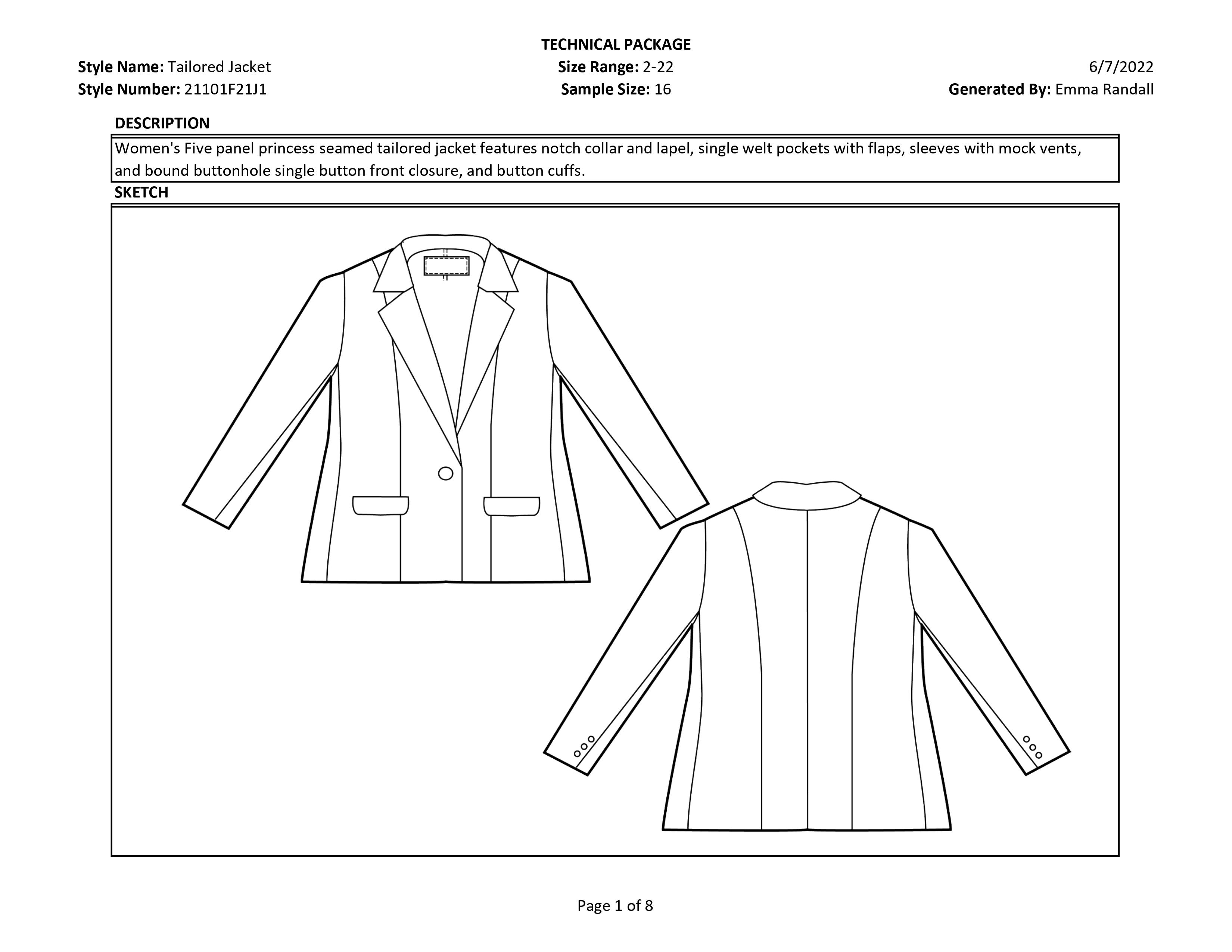 Tailored Jacket tech pack page 1