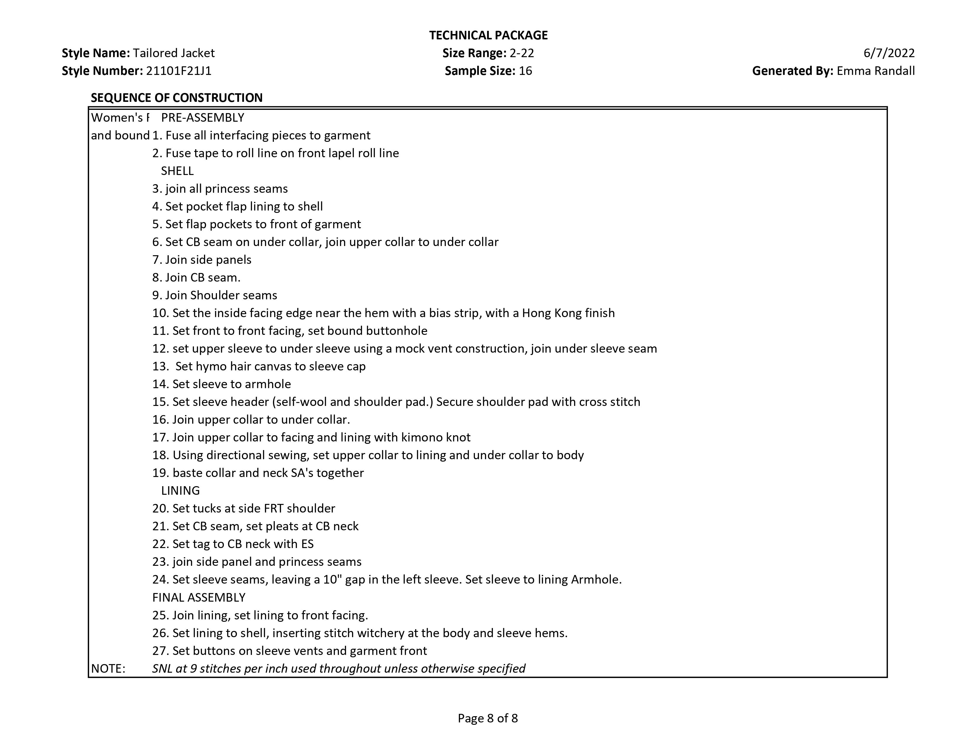 Tailored Jacket tech pack page 8
